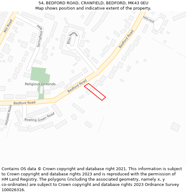 54, BEDFORD ROAD, CRANFIELD, BEDFORD, MK43 0EU: Location map and indicative extent of plot