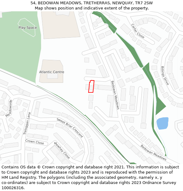 54, BEDOWAN MEADOWS, TRETHERRAS, NEWQUAY, TR7 2SW: Location map and indicative extent of plot