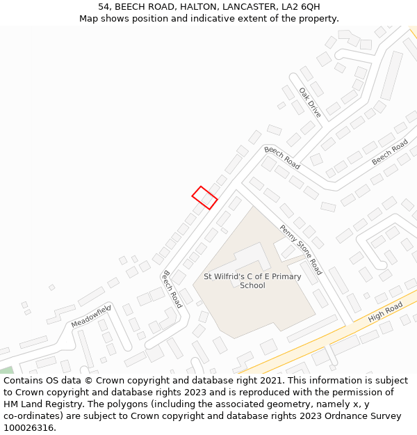 54, BEECH ROAD, HALTON, LANCASTER, LA2 6QH: Location map and indicative extent of plot