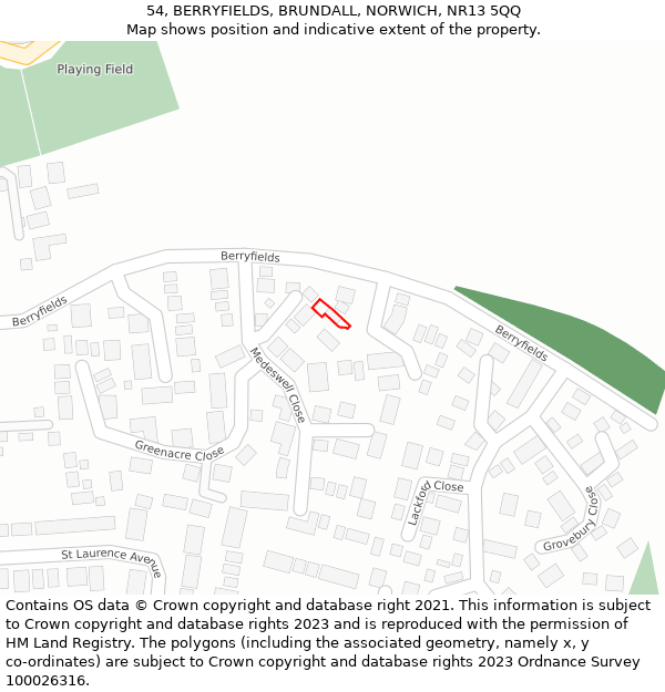 54, BERRYFIELDS, BRUNDALL, NORWICH, NR13 5QQ: Location map and indicative extent of plot