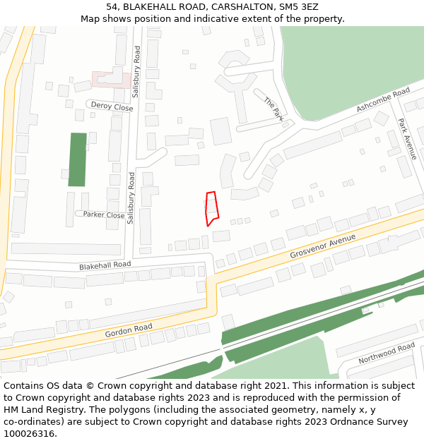 54, BLAKEHALL ROAD, CARSHALTON, SM5 3EZ: Location map and indicative extent of plot