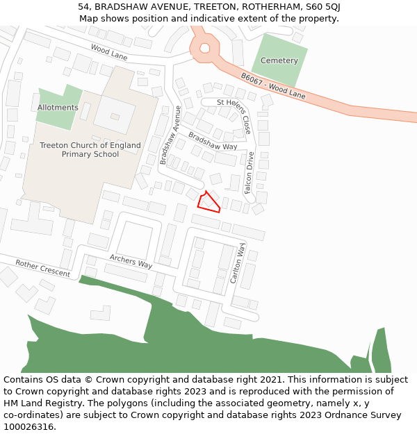 54, BRADSHAW AVENUE, TREETON, ROTHERHAM, S60 5QJ: Location map and indicative extent of plot