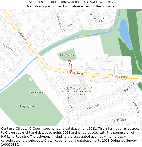 54, BRIDGE STREET, BROWNHILLS, WALSALL, WS8 7DX: Location map and indicative extent of plot