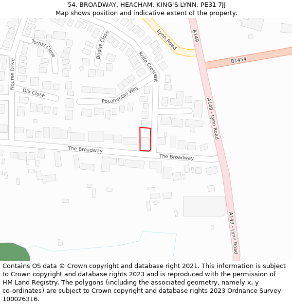 54, BROADWAY, HEACHAM, KING'S LYNN, PE31 7JJ: Location map and indicative extent of plot