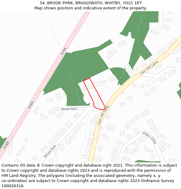 54, BROOK PARK, BRIGGSWATH, WHITBY, YO21 1RT: Location map and indicative extent of plot