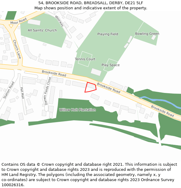 54, BROOKSIDE ROAD, BREADSALL, DERBY, DE21 5LF: Location map and indicative extent of plot