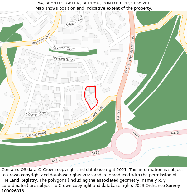 54, BRYNTEG GREEN, BEDDAU, PONTYPRIDD, CF38 2PT: Location map and indicative extent of plot