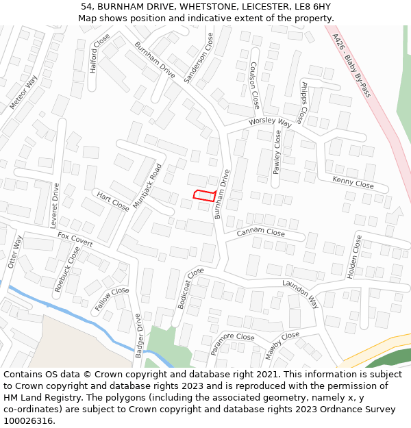 54, BURNHAM DRIVE, WHETSTONE, LEICESTER, LE8 6HY: Location map and indicative extent of plot