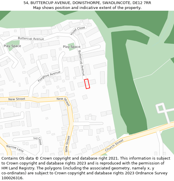 54, BUTTERCUP AVENUE, DONISTHORPE, SWADLINCOTE, DE12 7RR: Location map and indicative extent of plot
