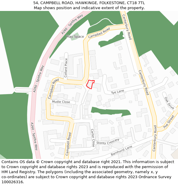 54, CAMPBELL ROAD, HAWKINGE, FOLKESTONE, CT18 7TL: Location map and indicative extent of plot