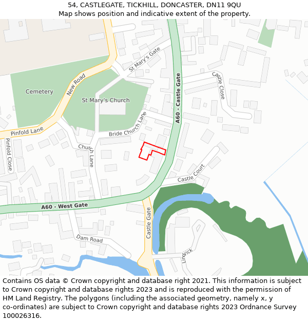 54, CASTLEGATE, TICKHILL, DONCASTER, DN11 9QU: Location map and indicative extent of plot