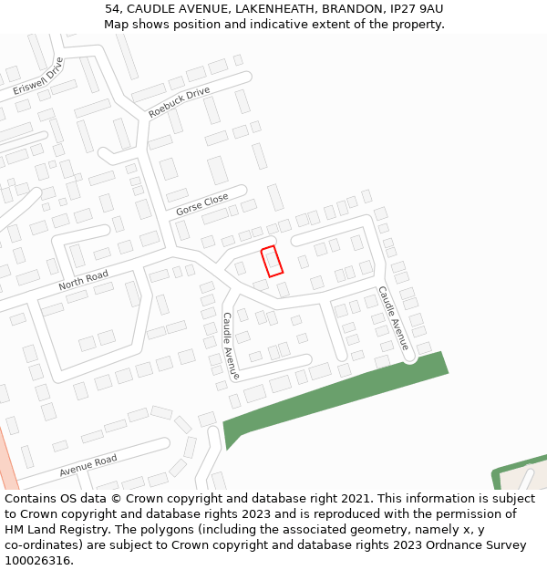 54, CAUDLE AVENUE, LAKENHEATH, BRANDON, IP27 9AU: Location map and indicative extent of plot