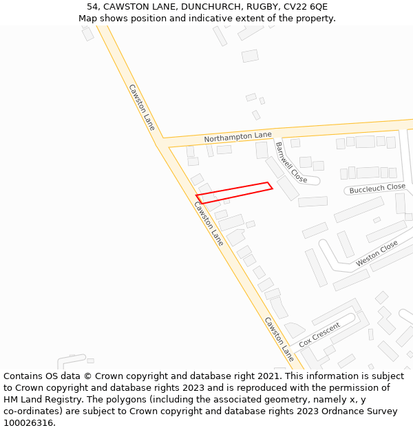 54, CAWSTON LANE, DUNCHURCH, RUGBY, CV22 6QE: Location map and indicative extent of plot