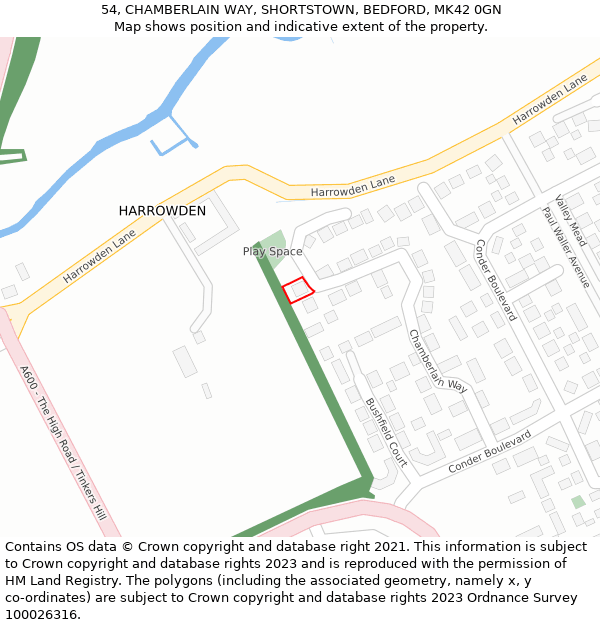 54, CHAMBERLAIN WAY, SHORTSTOWN, BEDFORD, MK42 0GN: Location map and indicative extent of plot