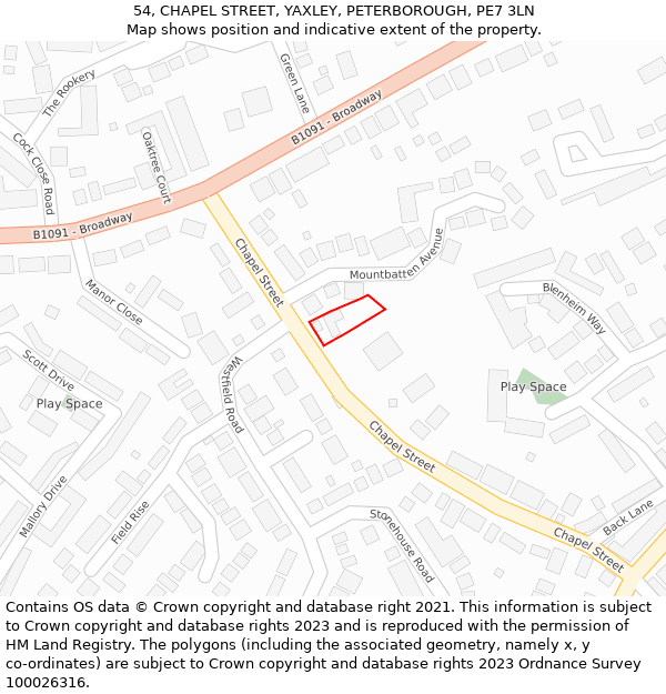 54, CHAPEL STREET, YAXLEY, PETERBOROUGH, PE7 3LN: Location map and indicative extent of plot