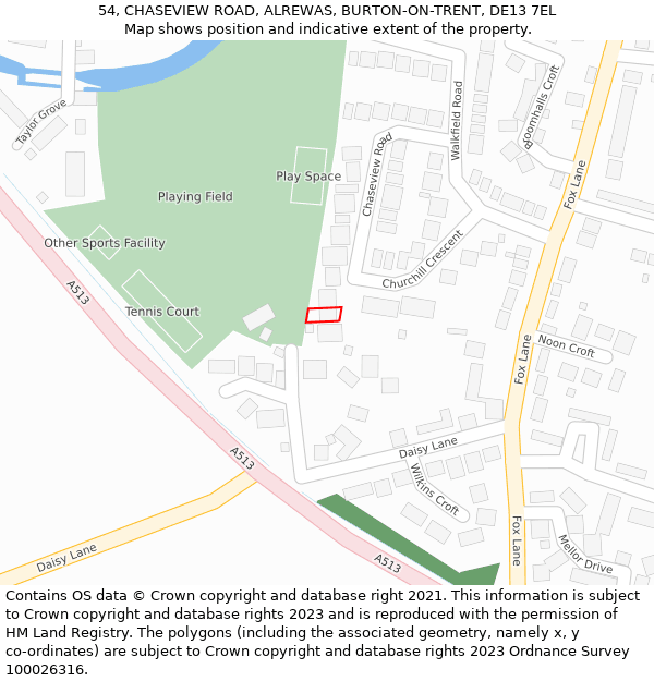 54, CHASEVIEW ROAD, ALREWAS, BURTON-ON-TRENT, DE13 7EL: Location map and indicative extent of plot