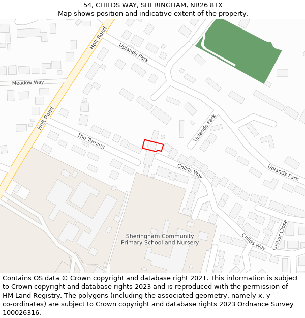 54, CHILDS WAY, SHERINGHAM, NR26 8TX: Location map and indicative extent of plot