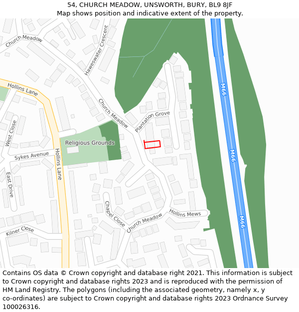 54, CHURCH MEADOW, UNSWORTH, BURY, BL9 8JF: Location map and indicative extent of plot