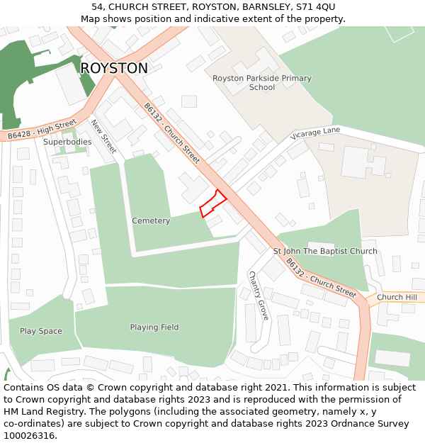 54, CHURCH STREET, ROYSTON, BARNSLEY, S71 4QU: Location map and indicative extent of plot