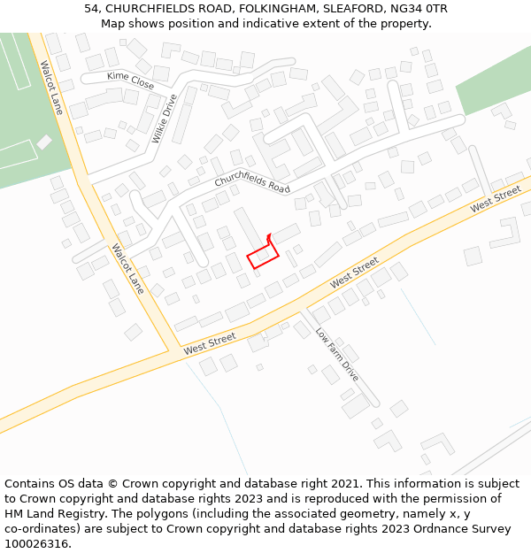 54, CHURCHFIELDS ROAD, FOLKINGHAM, SLEAFORD, NG34 0TR: Location map and indicative extent of plot