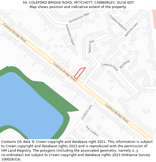 54, COLEFORD BRIDGE ROAD, MYTCHETT, CAMBERLEY, GU16 6DT: Location map and indicative extent of plot