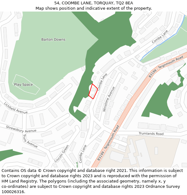 54, COOMBE LANE, TORQUAY, TQ2 8EA: Location map and indicative extent of plot