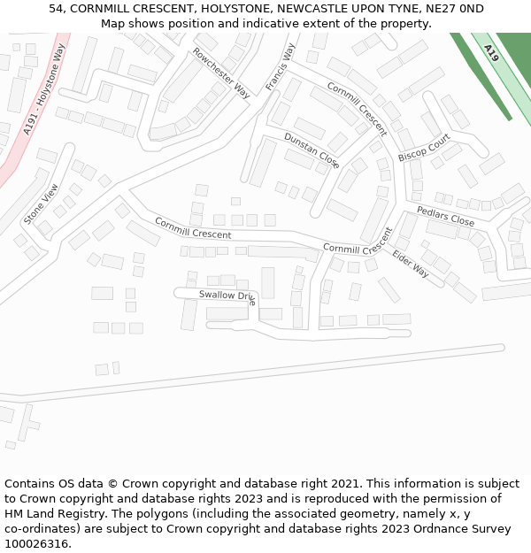 54, CORNMILL CRESCENT, HOLYSTONE, NEWCASTLE UPON TYNE, NE27 0ND: Location map and indicative extent of plot