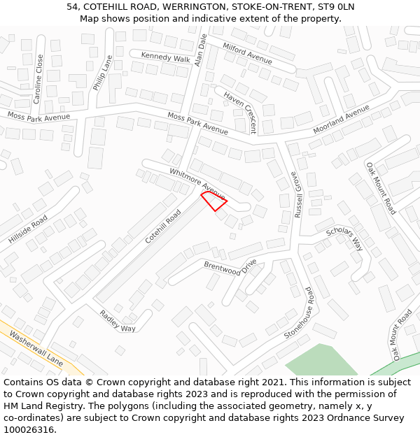 54, COTEHILL ROAD, WERRINGTON, STOKE-ON-TRENT, ST9 0LN: Location map and indicative extent of plot