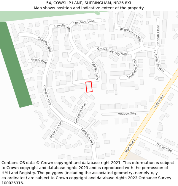 54, COWSLIP LANE, SHERINGHAM, NR26 8XL: Location map and indicative extent of plot