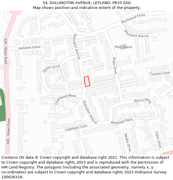 54, DALLINGTON AVENUE, LEYLAND, PR25 5AG: Location map and indicative extent of plot