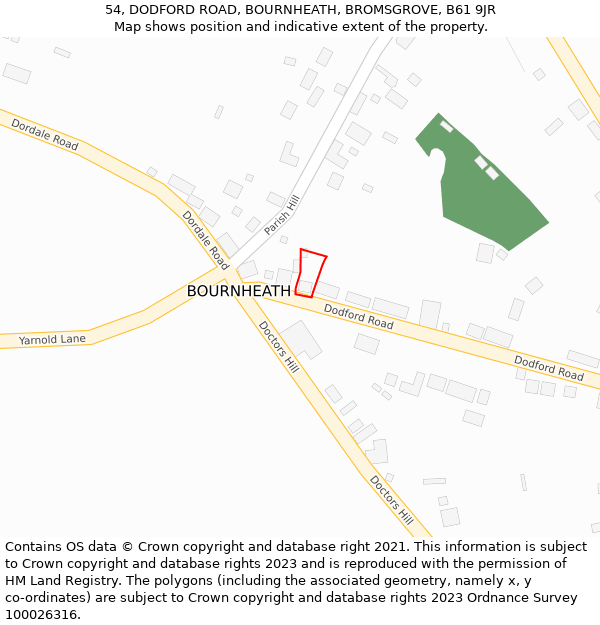 54, DODFORD ROAD, BOURNHEATH, BROMSGROVE, B61 9JR: Location map and indicative extent of plot