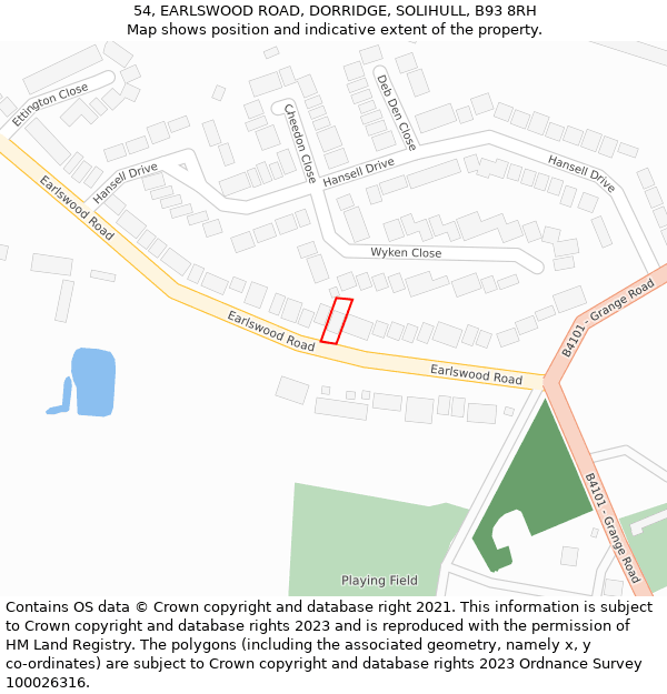 54, EARLSWOOD ROAD, DORRIDGE, SOLIHULL, B93 8RH: Location map and indicative extent of plot