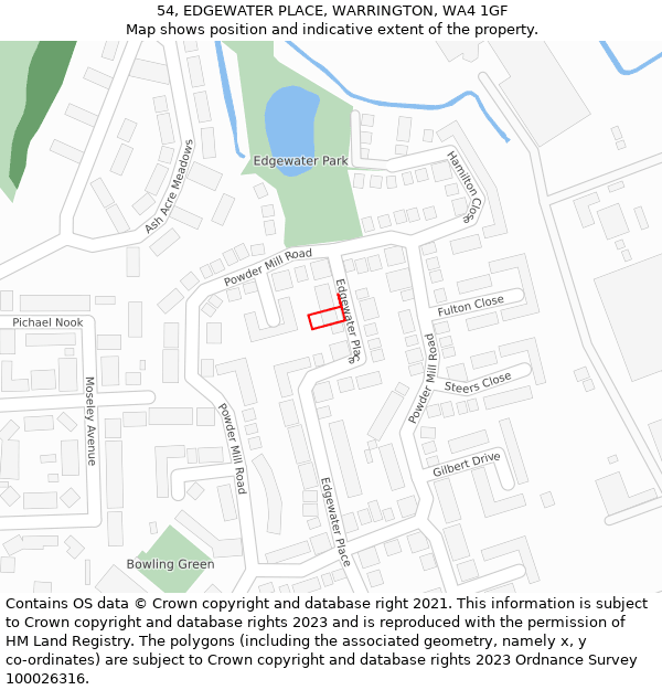 54, EDGEWATER PLACE, WARRINGTON, WA4 1GF: Location map and indicative extent of plot