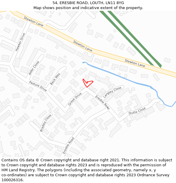 54, ERESBIE ROAD, LOUTH, LN11 8YG: Location map and indicative extent of plot