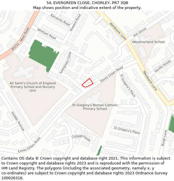 54, EVERGREEN CLOSE, CHORLEY, PR7 3QB: Location map and indicative extent of plot