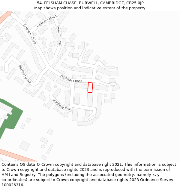 54, FELSHAM CHASE, BURWELL, CAMBRIDGE, CB25 0JP: Location map and indicative extent of plot