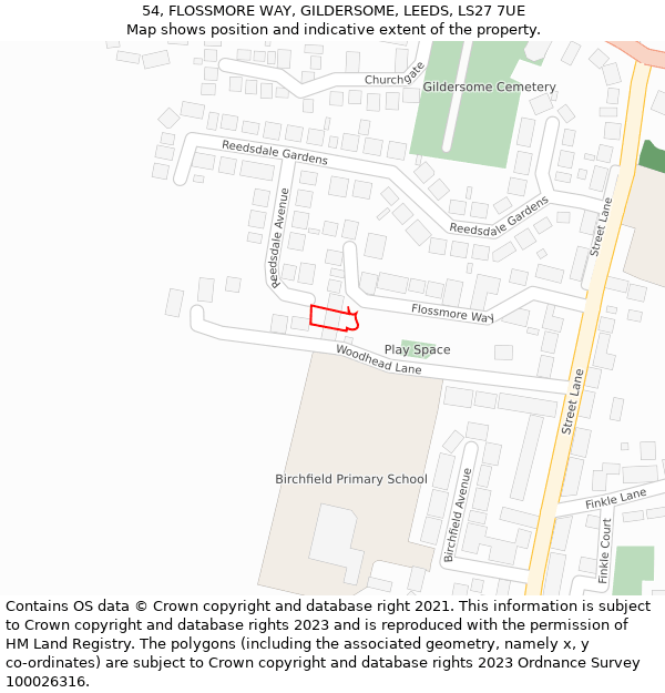 54, FLOSSMORE WAY, GILDERSOME, LEEDS, LS27 7UE: Location map and indicative extent of plot