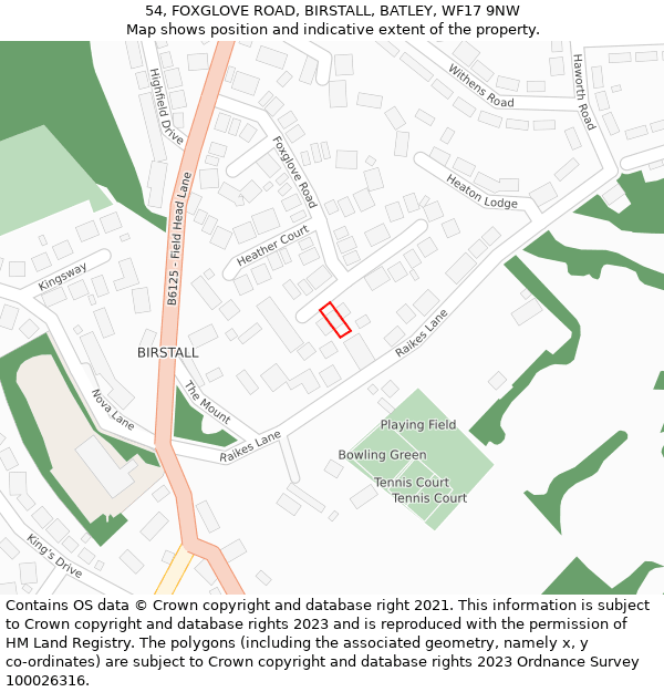 54, FOXGLOVE ROAD, BIRSTALL, BATLEY, WF17 9NW: Location map and indicative extent of plot