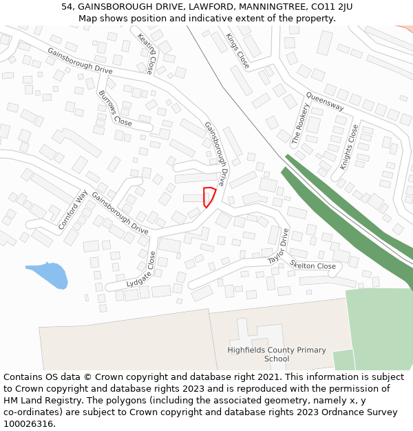 54, GAINSBOROUGH DRIVE, LAWFORD, MANNINGTREE, CO11 2JU: Location map and indicative extent of plot