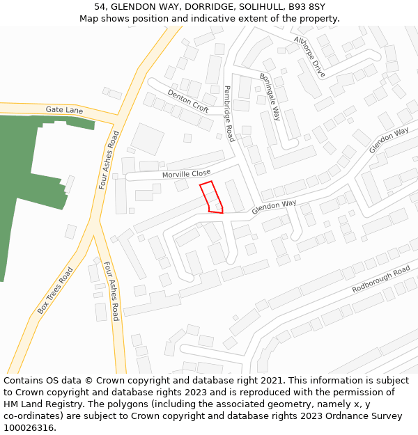 54, GLENDON WAY, DORRIDGE, SOLIHULL, B93 8SY: Location map and indicative extent of plot