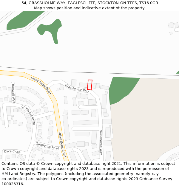 54, GRASSHOLME WAY, EAGLESCLIFFE, STOCKTON-ON-TEES, TS16 0GB: Location map and indicative extent of plot