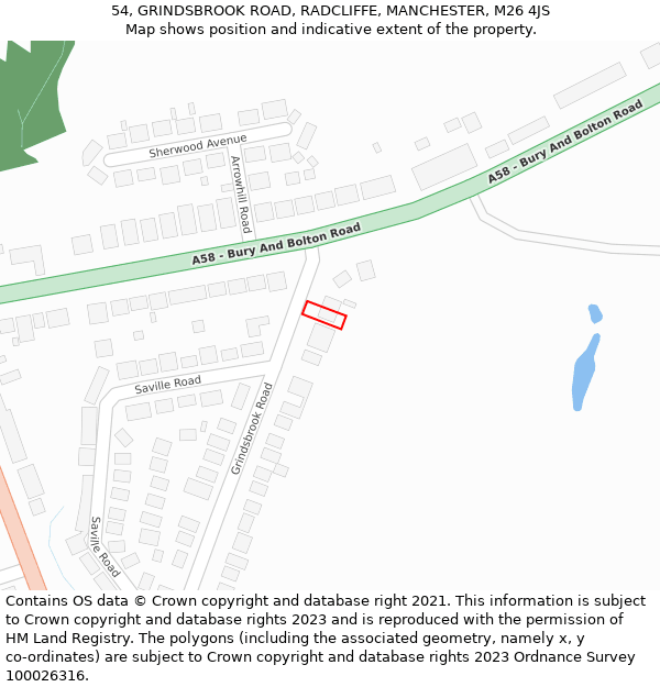 54, GRINDSBROOK ROAD, RADCLIFFE, MANCHESTER, M26 4JS: Location map and indicative extent of plot