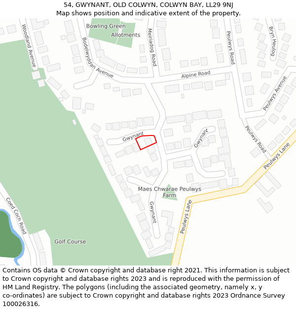 54, GWYNANT, OLD COLWYN, COLWYN BAY, LL29 9NJ: Location map and indicative extent of plot