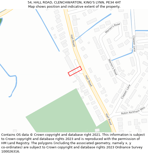 54, HALL ROAD, CLENCHWARTON, KING'S LYNN, PE34 4AT: Location map and indicative extent of plot