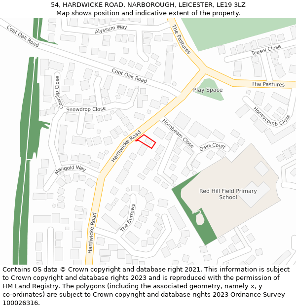 54, HARDWICKE ROAD, NARBOROUGH, LEICESTER, LE19 3LZ: Location map and indicative extent of plot