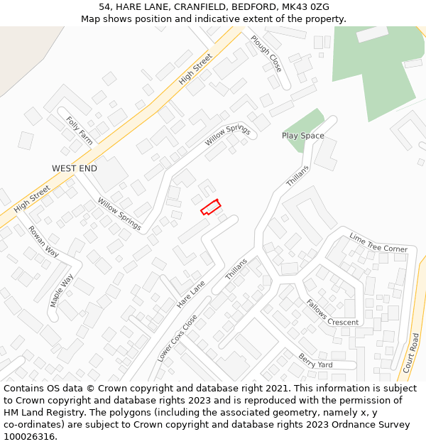 54, HARE LANE, CRANFIELD, BEDFORD, MK43 0ZG: Location map and indicative extent of plot