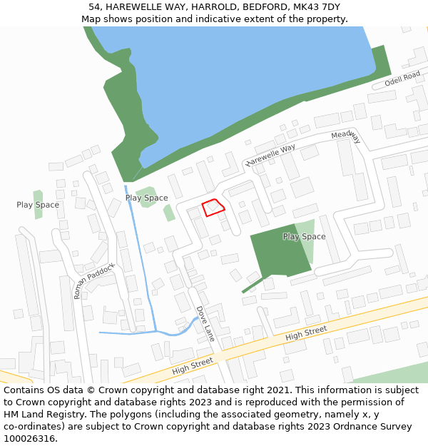 54, HAREWELLE WAY, HARROLD, BEDFORD, MK43 7DY: Location map and indicative extent of plot