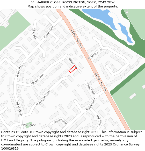 54, HARPER CLOSE, POCKLINGTON, YORK, YO42 2GW: Location map and indicative extent of plot