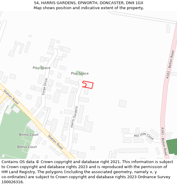 54, HARRIS GARDENS, EPWORTH, DONCASTER, DN9 1GX: Location map and indicative extent of plot