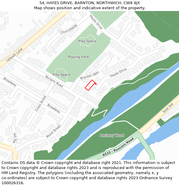 54, HAYES DRIVE, BARNTON, NORTHWICH, CW8 4JX: Location map and indicative extent of plot